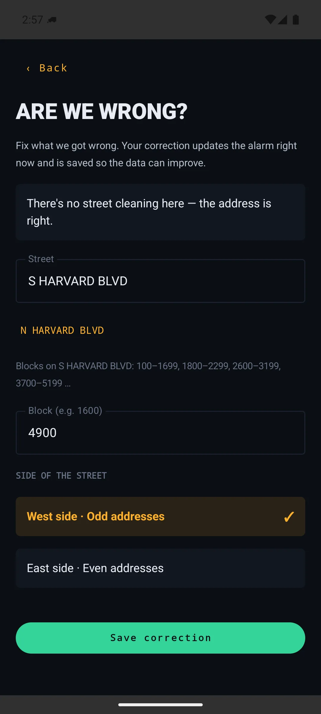 CurbMinder Are we wrong correction screen for fixing street, block, or side